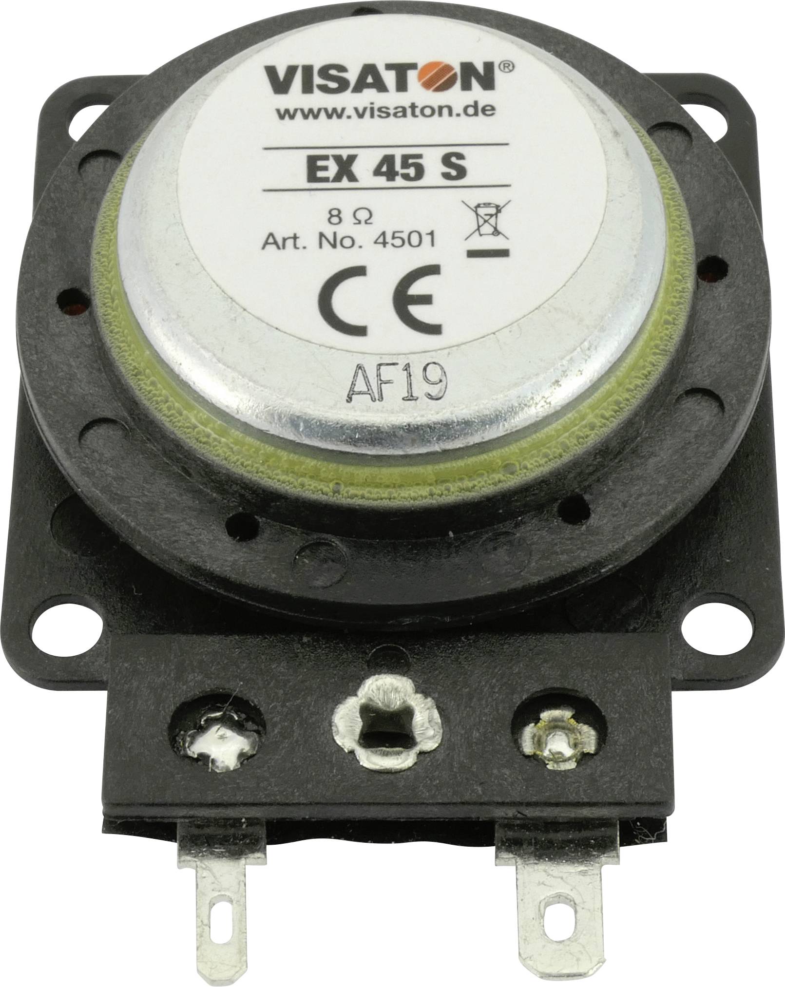 'Visaton EX 45 S' Vibrationslautsprecher, 8 Ohm, Art. Nr. 4501, mit CE-Kennzeichnung und Modellnummer AF19 auf schwarzer Halterung.