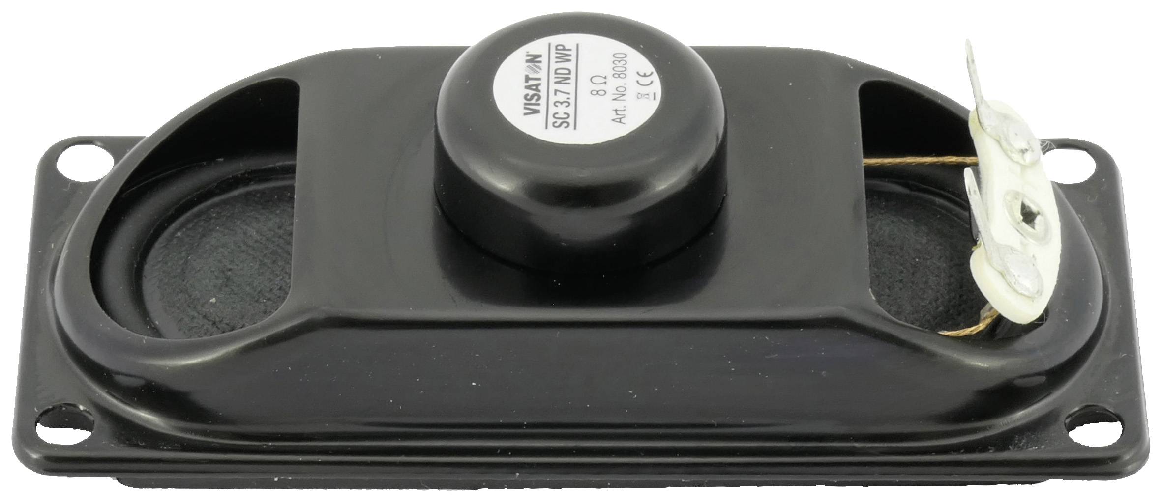 Ein schwarzer, rechteckiger Lautsprecher (Visaton SC 5.9) mit einem ovalen Membran und Anschlüssen an der Seite, für Elektronikprojekte.