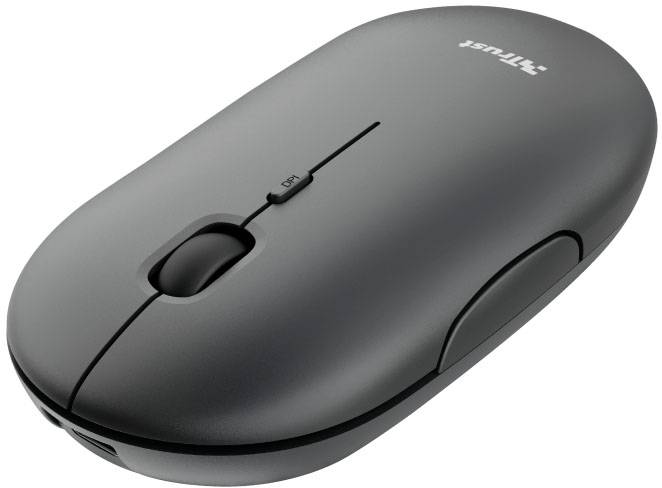 Kabellose schwarze Computermaus mit glatter Oberfläche und Scrollrad, geeignet für den alltäglichen Gebrauch mit einem Laptop oder PC.