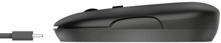 Eine schwarze Computermouse und ein separate USB-C-Kabel sind nebeneinander horizontal ausgerichtet.