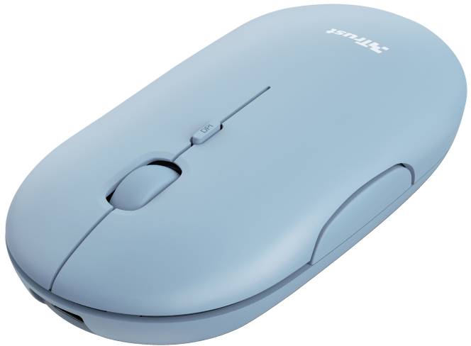 Blau-graue kabellose Maus mit ergonomischem Design und zwei Tasten.