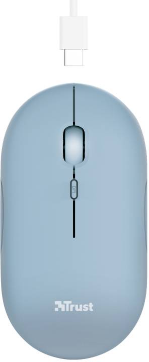 Eine blaue, kabellose Computermaus mit einem USB-C-Kabel zum Aufladen. Oben befindet sich das Logo der Marke 'Trust'.