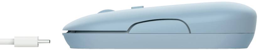 Blaue kabelgebundene Computermaus in Seitenansicht mit USB-C-Stecker links daneben.