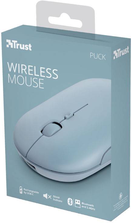'Trust Puck Wireless Mouse' Verpackung mit Bild der blauen kabellosen Maus. Merkmale: aufladbar via USB-C, leise Tasten, Bluetooth.