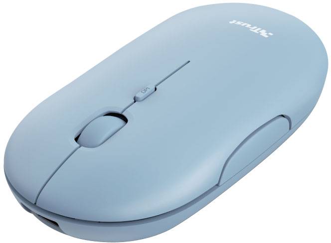 Eine kabellose blaue Computermaus mit ergonomischem Design.