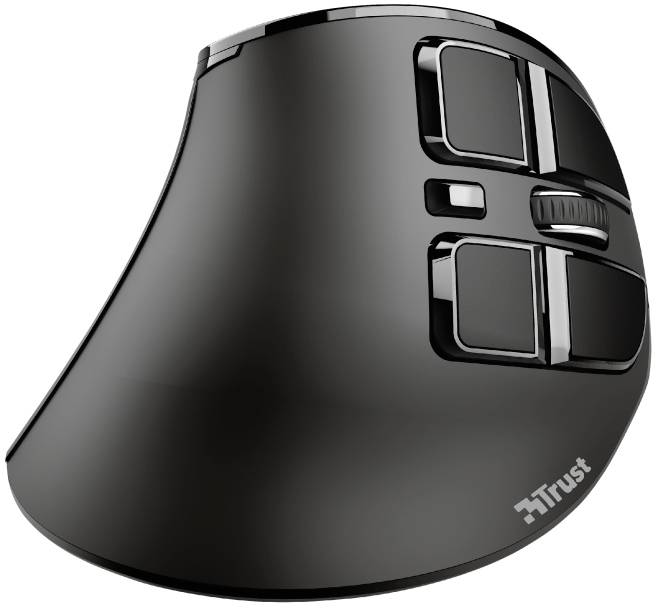 Schwarz ergonomische Maus von Trust mit mehreren Tasten und einem Scrollrad für einfache Navigation und Bedienung.
