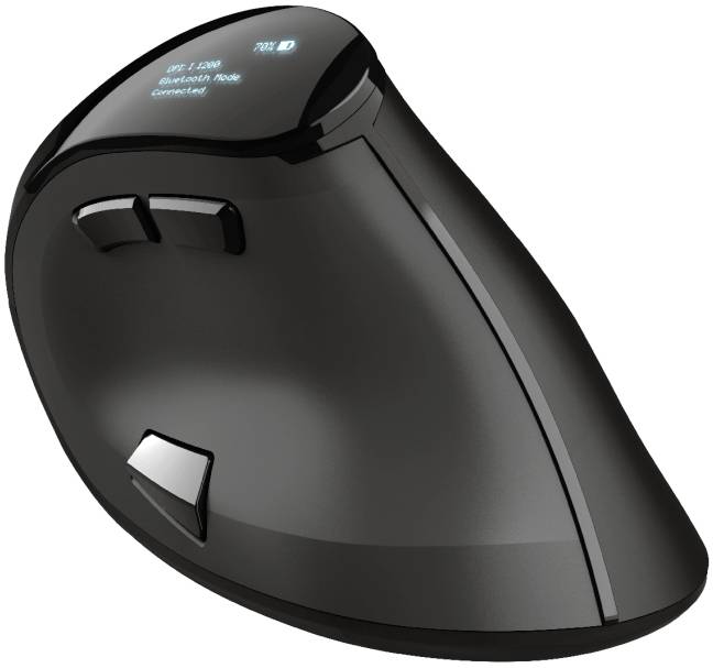 Ergonomische vertikale Maus in Schwarz mit zwei Daumenknöpfen und einem Display auf der Oberseite, zeigt Verbindungsstatus an.