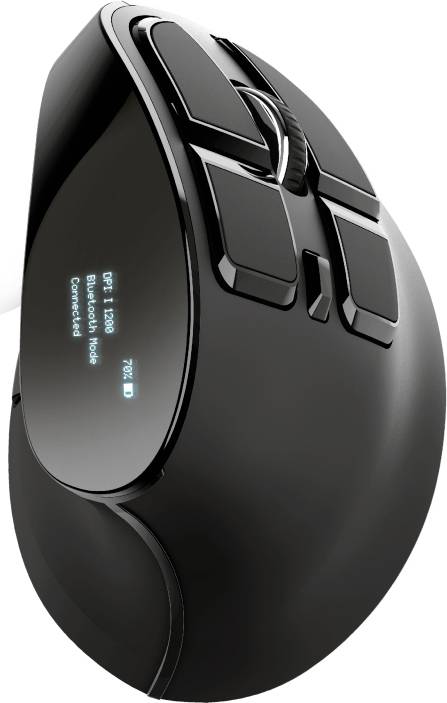 Schwarze ergonomische Maus mit mehreren Tasten, beleuchtetem Scrollrad und digitalem Display auf der Seite, das DPI-Einstellungen zeigt.