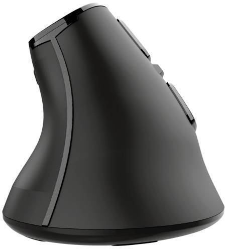 Schwarze, vertikale ergonomische Computermaus mit Tasten an der Seite, für komfortable Handposition und reduzierte Belastung.