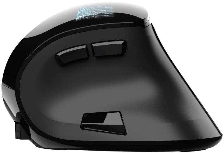 Schwarze ergonomische Computermaus in vertikalem Design mit zwei Daumentasten, für komfortable Handhaltung und reduzierte Belastung.