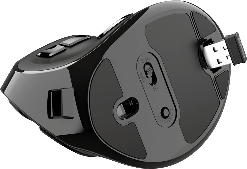 Eine schwarze kabellose Computermaus mit USB-Dongle und Verbindungsschalter für 2,4G und BT. Sichtbare Unterseite mit Sensor und Batteriefach.