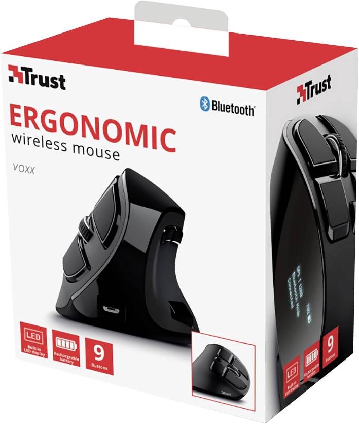 Eine schwarze ergonomische kabellose Maus von Trust in der Verpackung. Die Maus hat neun Tasten und unterstützt Bluetooth.
