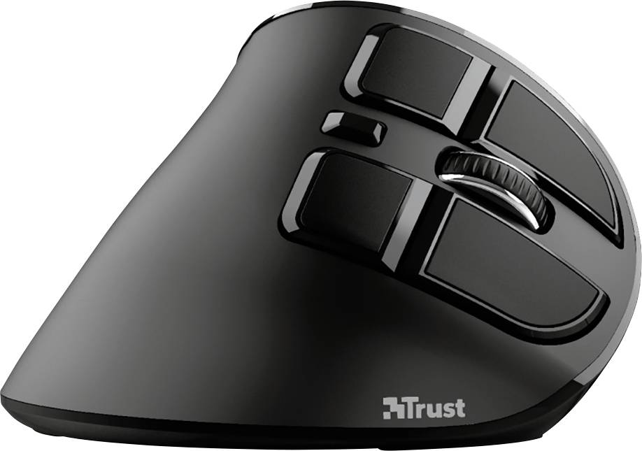 Schwarze, ergonomische Computermaus mit mehreren Tasten und Scrollrad, geeignet für komfortable Nutzung und Effizienzsteigerung.