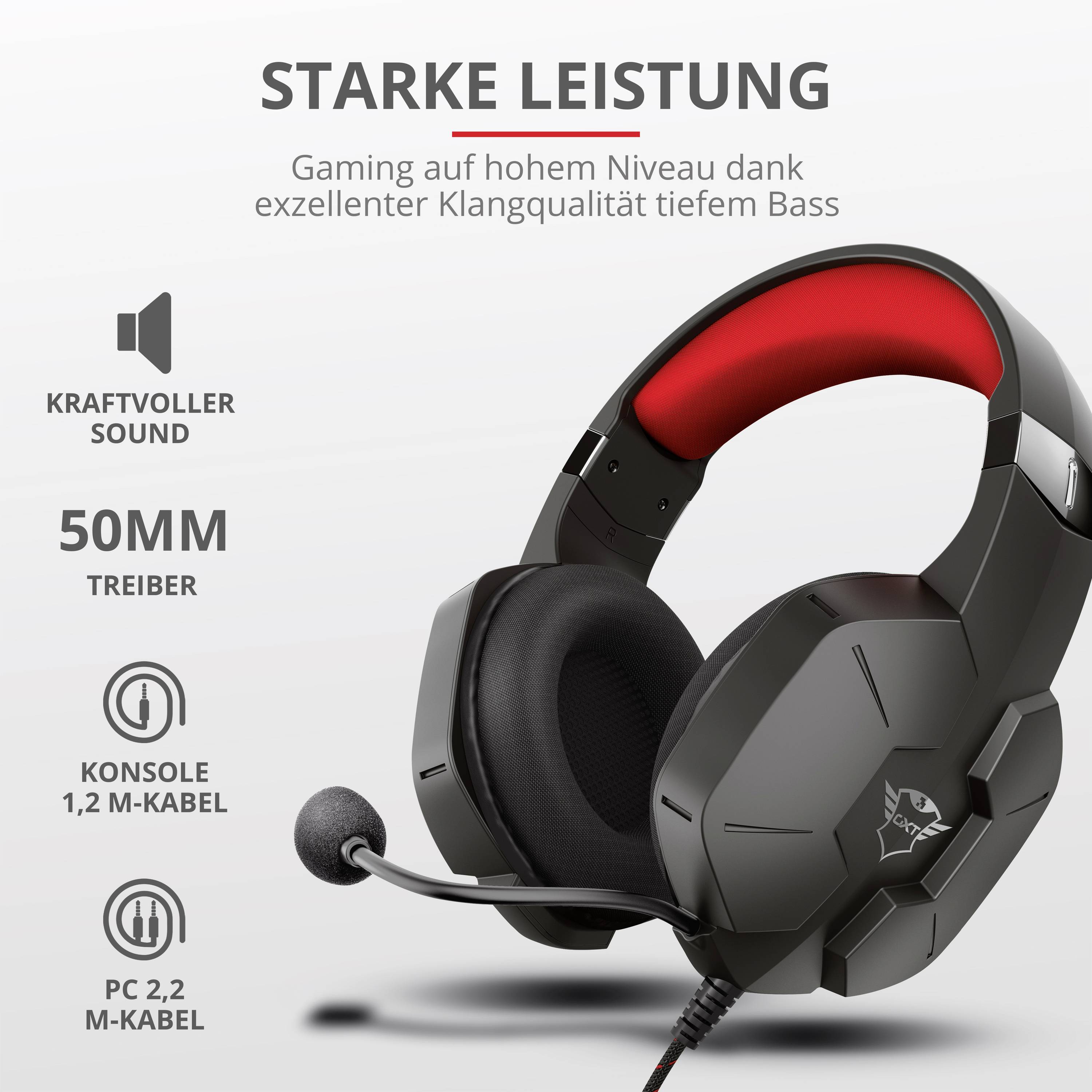 Trust GXT323 CARUS Over Ear Headset kabelgebunden Stereo Rot, Schwarz/Rot Lautstärkeregelung, Mikrofon-Stummschaltung Gaming