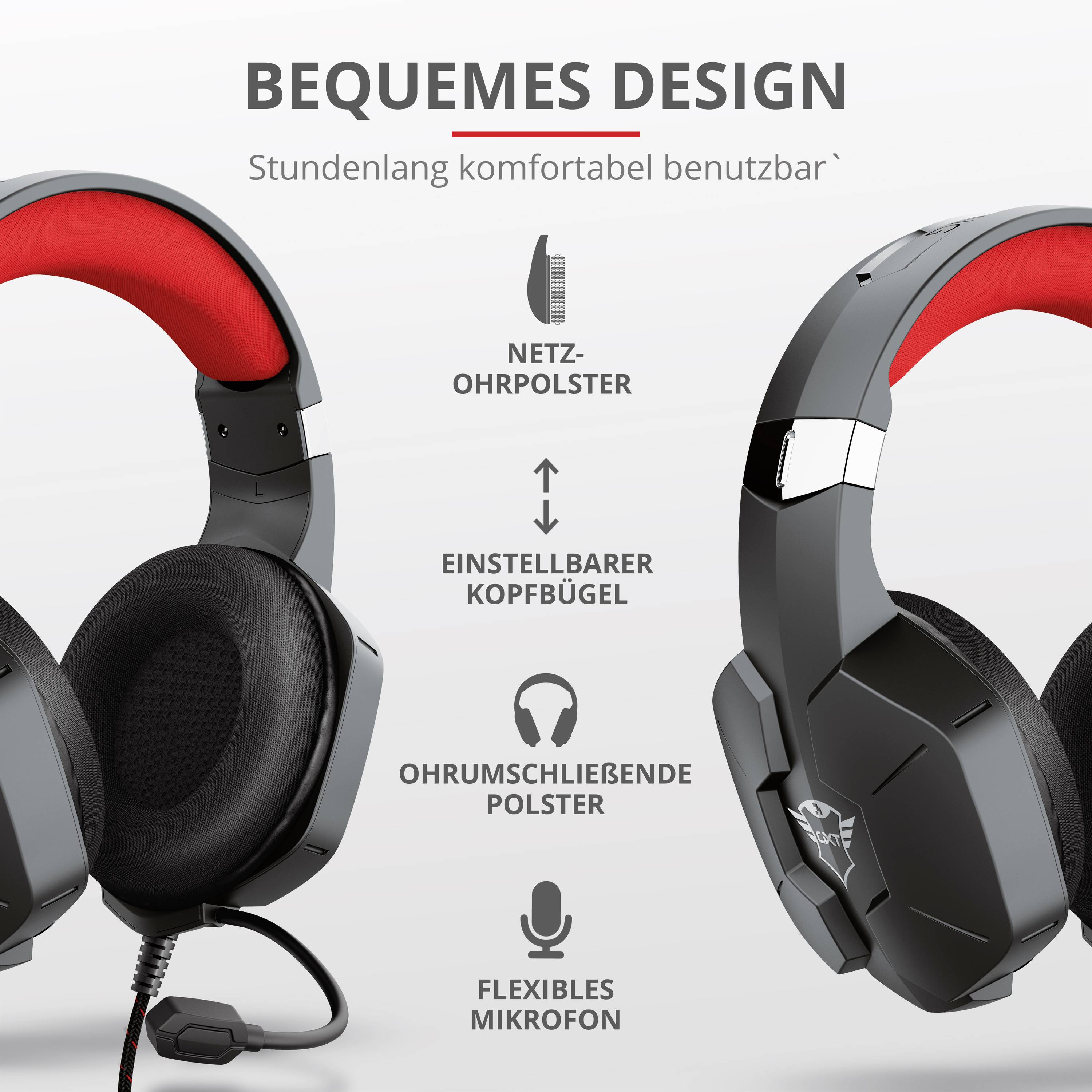 Trust GXT323 CARUS Over Ear Headset kabelgebunden Stereo Rot, Schwarz/Rot Lautstärkeregelung, Mikrofon-Stummschaltung Gaming