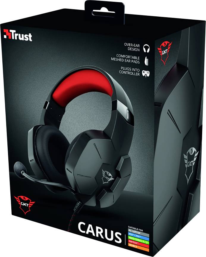 Trust GXT323 CARUS Over Ear Headset kabelgebunden Stereo Rot, Schwarz/Rot Lautstärkeregelung, Mikrofon-Stummschaltung Gaming