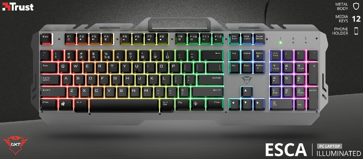 Trust Deutsch, QWERTZ GXT853 ESCA USB, Kabelgebunden Gaming-Tastatur Beleuchtet, Multimediatasten Schwarz, RGB