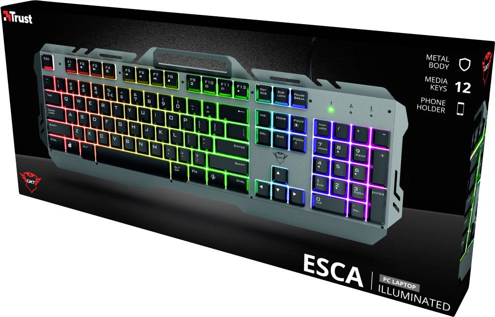 Trust Deutsch, QWERTZ GXT853 ESCA USB, Kabelgebunden Gaming-Tastatur Beleuchtet, Multimediatasten Schwarz, RGB