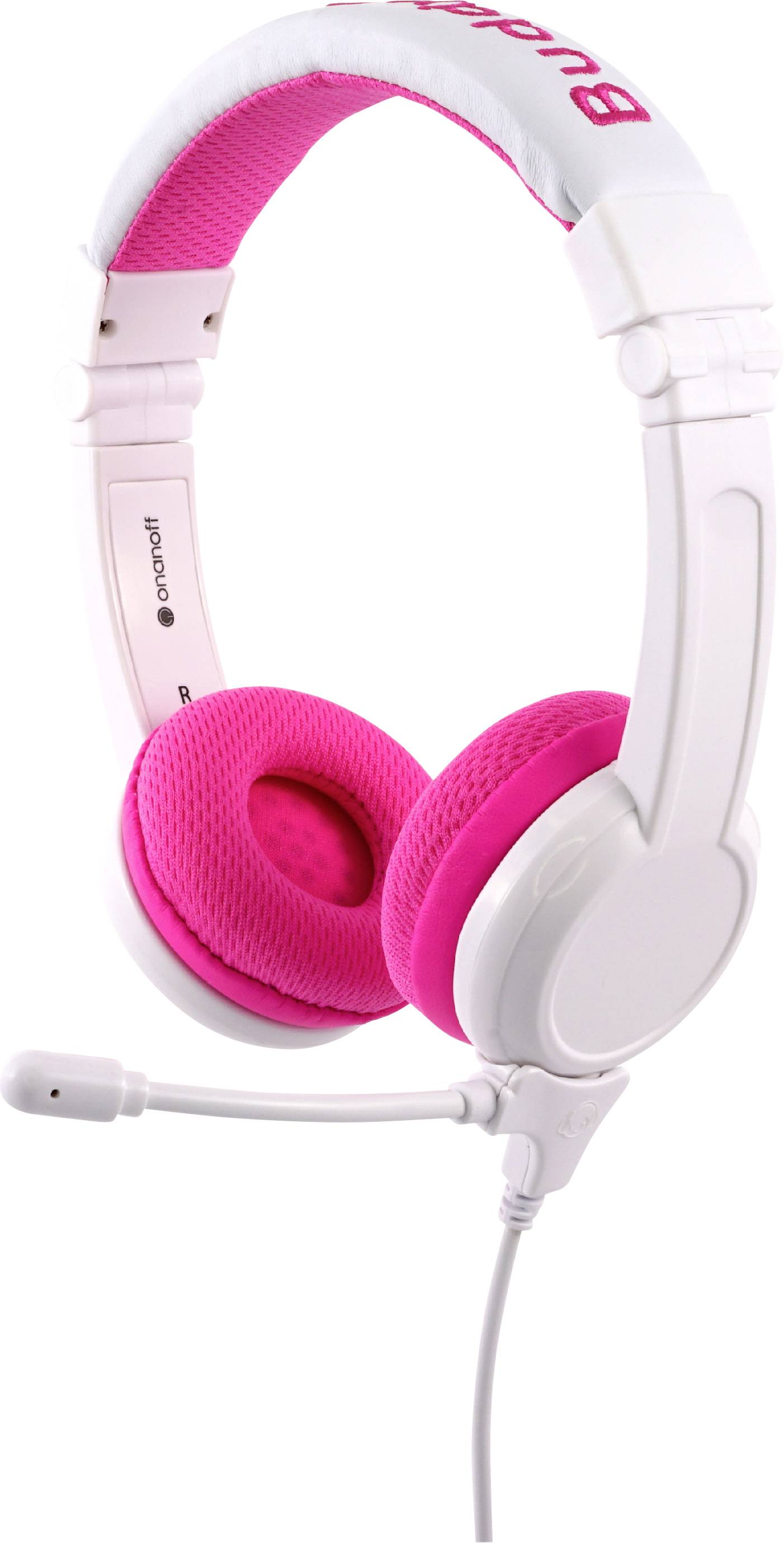 Weiße Kopfhörer mit pinken Polstern und integriertem Mikrofon.