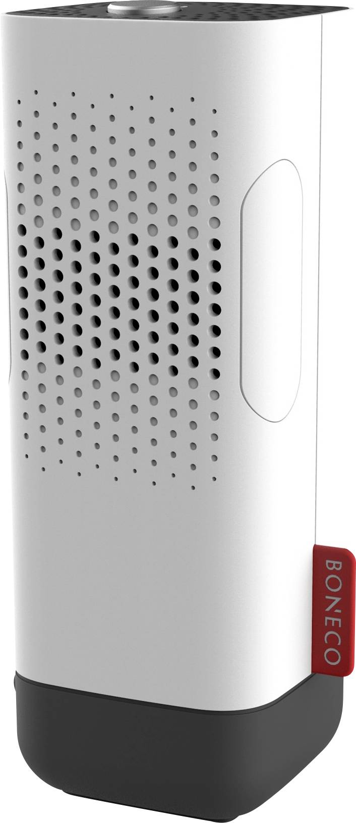 Luftreiniger in weißem Gehäuse, mit schwarzen Details und rotem Markennamen seitlich. Moderne, schlanke Bauweise.