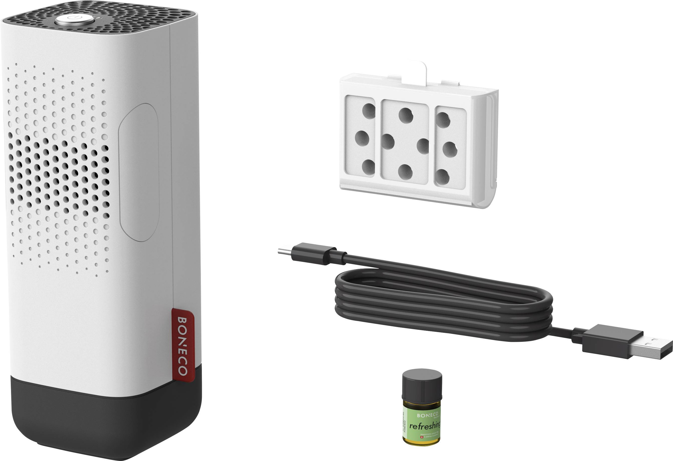 Luftreiniger mit USB-Kabel, Duftbehälter und Aroma-Pad-Halterung. Sie bietet mobile Luftreinigung und Aromatisierung.