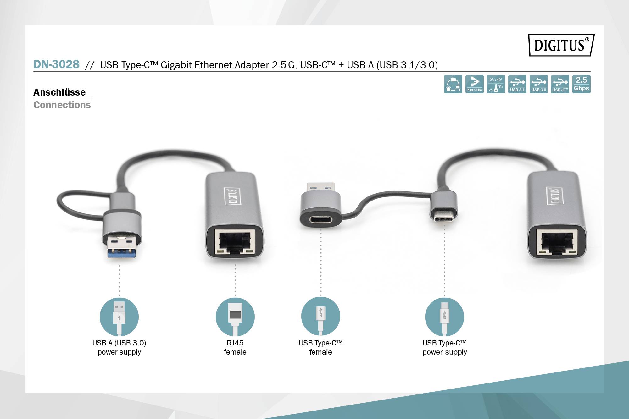 Digitus DN-3028 Netzwerkadapter 2.5 GBit/s USB, USB-A (USB 3.0), USB-A (USB 3.1 Gen 1), USB-A (USB 3.2 Gen 1), USB-A