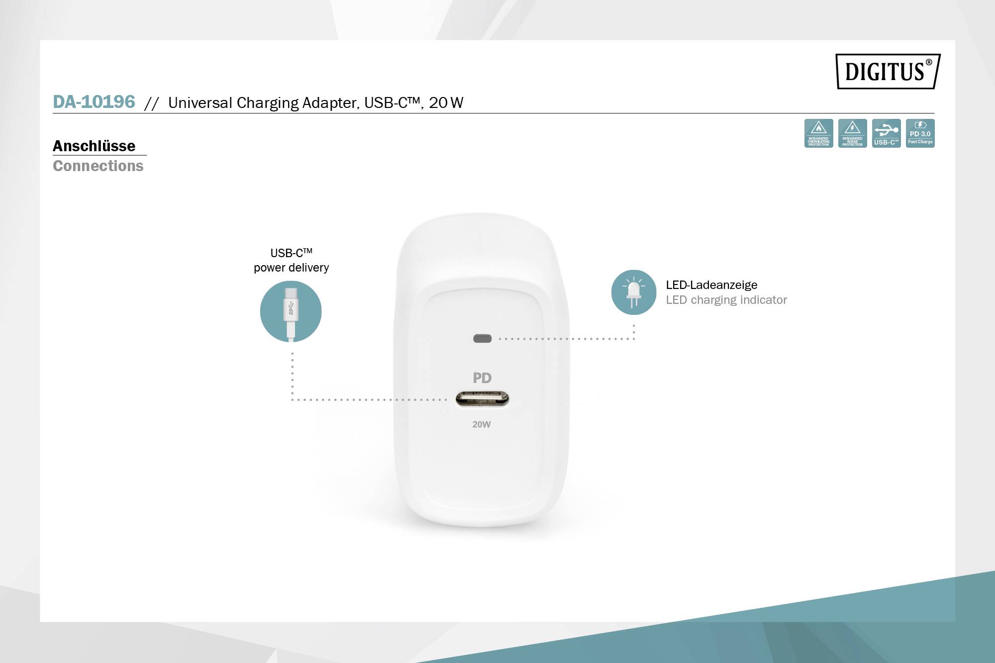 Digitus DA-10196 Ladeadapter Innenbereich Ausgangsstrom (max.) 3 A 1 x 1x USB-C® USB Power Delivery (USB-PD)