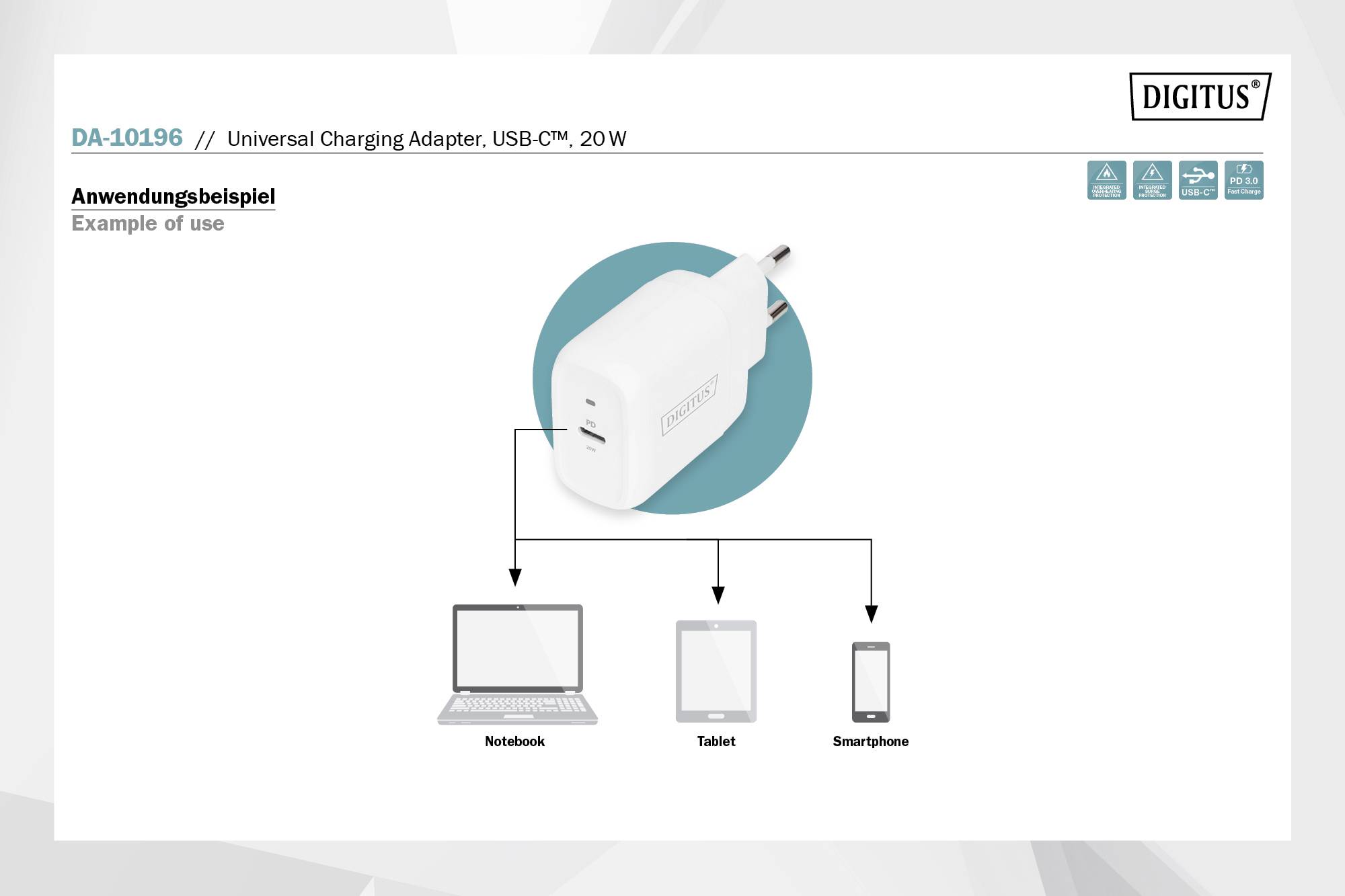 Digitus DA-10196 Ladeadapter Innenbereich Ausgangsstrom (max.) 3 A 1 x 1x USB-C® USB Power Delivery (USB-PD)