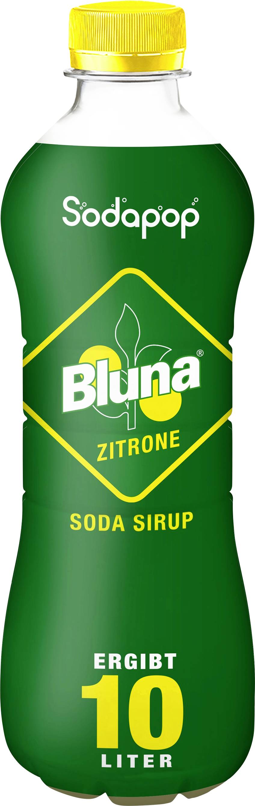 Eine grüne Flasche 'Bluna Zitrone Soda Sirup' mit gelbem Verschluss. Etikett zeigt, dass 10 Liter Getränk erzeugt werden können.