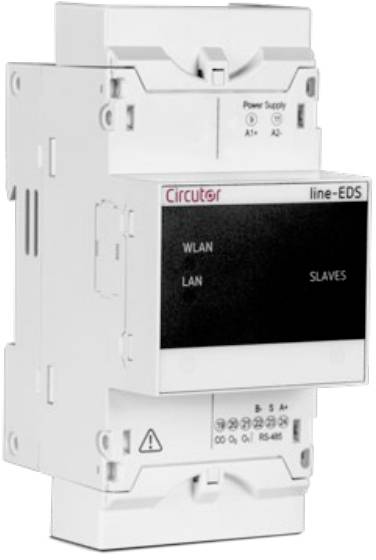 Ein weißes, rechteckiges Gerät mit Display und der Aufschrift 'line-EDS', zeigt WLAN- und LAN-Anschlüsse. Elektronisches Steuergerät.
