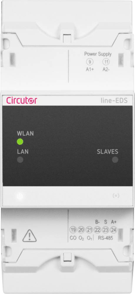 Weißes elektrisches Gerät mit Markenlogo oben links. Zwei Leuchtanzeigen in der Mitte beschriftet mit 'WLAN' und 'LAN'. Steuerungselemente unten.