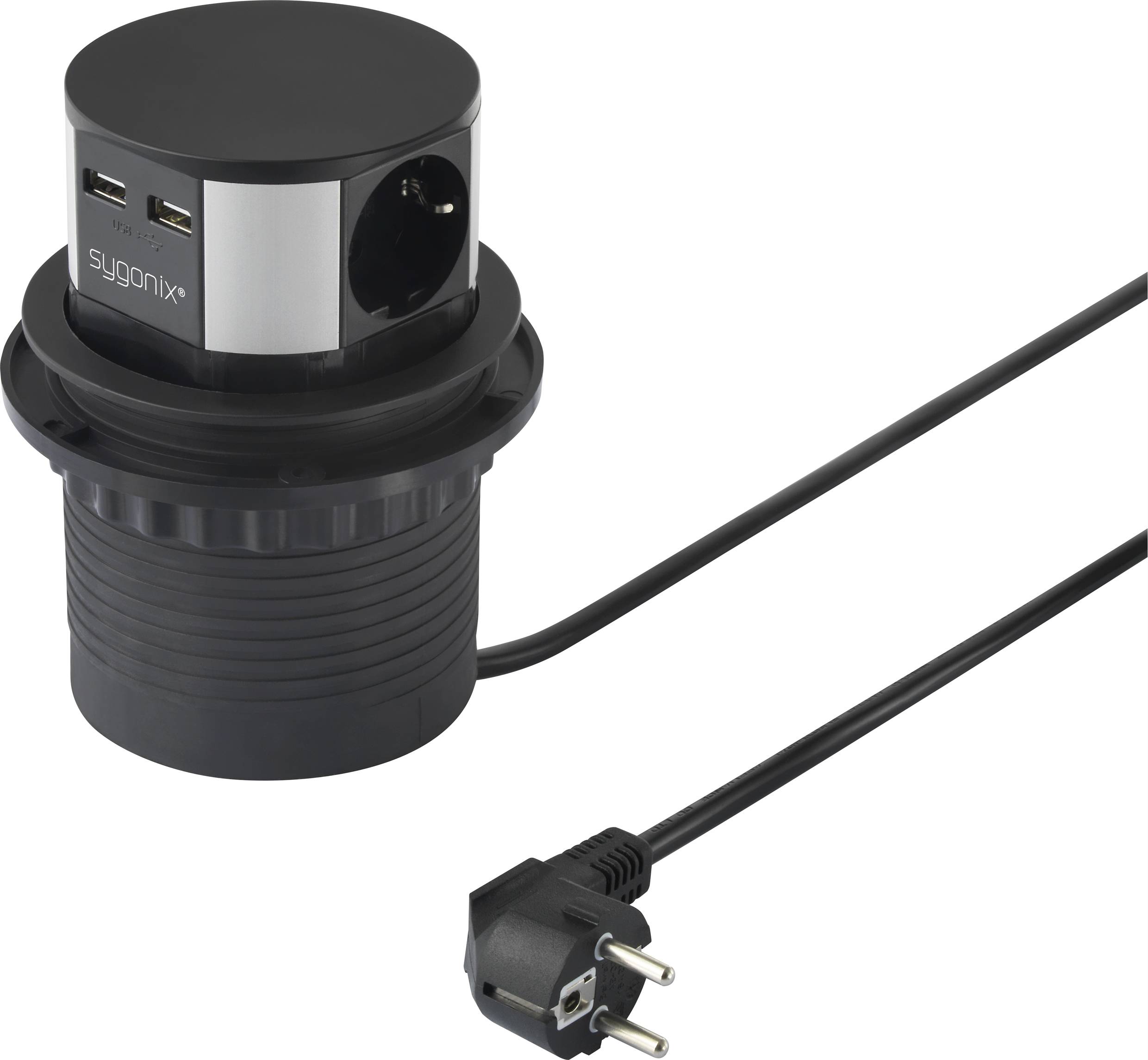 Schwarze, runde Tischsteckdose mit zwei USB-Anschlüssen und einer Schuko-Steckdose. Kabel mit Stecker zur Stromversorgung.