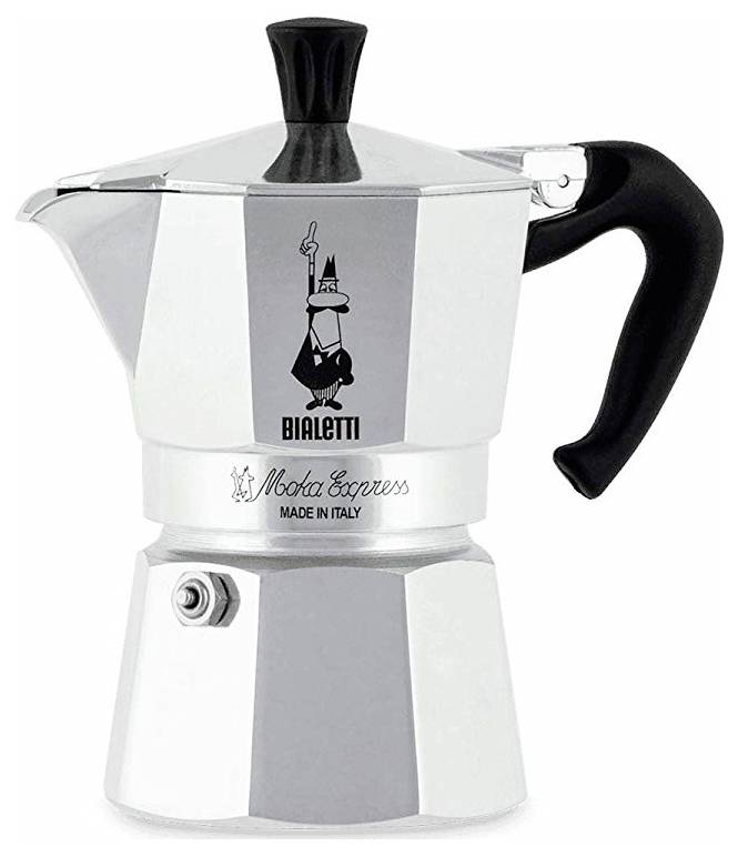 Ein silberner Bialetti Moka Express Kaffeebereiter für den Herd mit schwarzem Griff und schwarzer Deckelklinke, versehen mit einem Logo und dem Schriftzug 