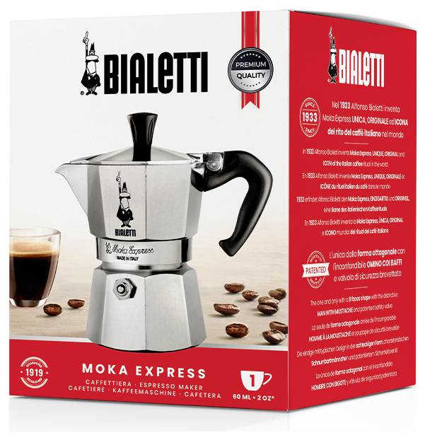 Verpackung der Bialetti Moka Express, die einen Espressokocher aus Edelstahl mit schwarzem Griff neben einem Glas Kaffee zeigt.