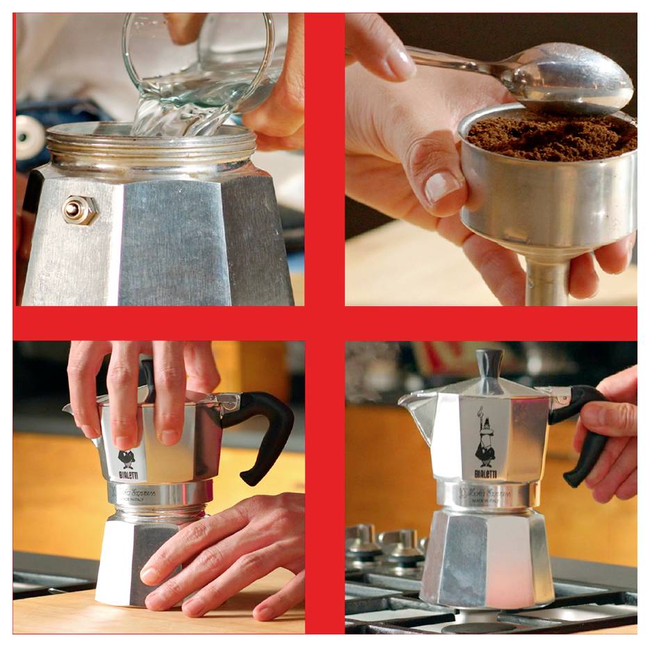 Vierstufiger Prozess zur Verwendung einer Mokka-Kanne. Oben links: Wasser in der Basis. Oben rechts: Kaffee im Filter. Unten links: Teile zusammenbauen. Unten rechts: Kanne auf den Herd stellen.