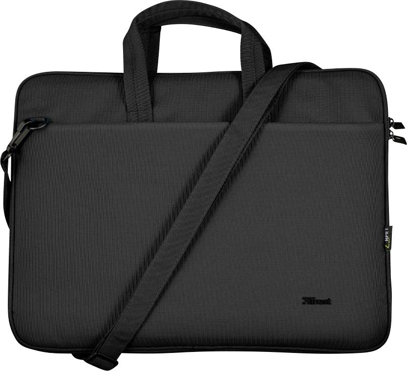 Schwarze Laptop-Tasche mit Tragegriffen und verstellbarem Schultergurt, geeignet für den sicheren Transport eines Notebooks.