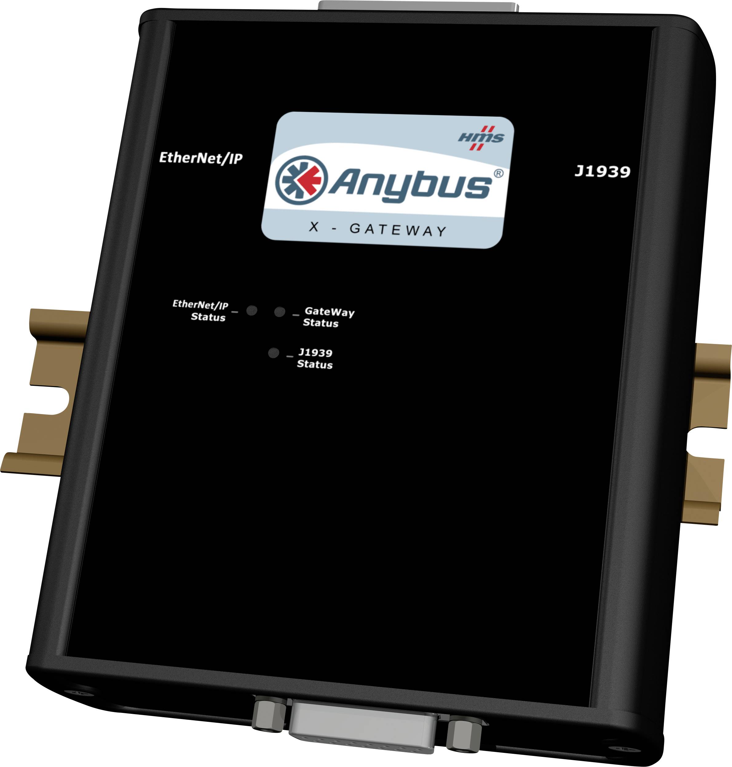 Ein schwarzes elektronisches Gerät namens 'Anybus X-Gateway' zur Verbindung von EtherNet/IP und J1939 Netzwerken. Anzeigen für Status.