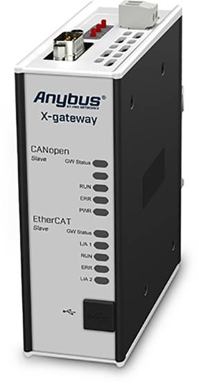 Ein Anybus X-gateway Gerät, das Netzwerkprotokolle CANopen und EtherCAT verbindet, mit Status-LEDs für Überwachungsanzeige.