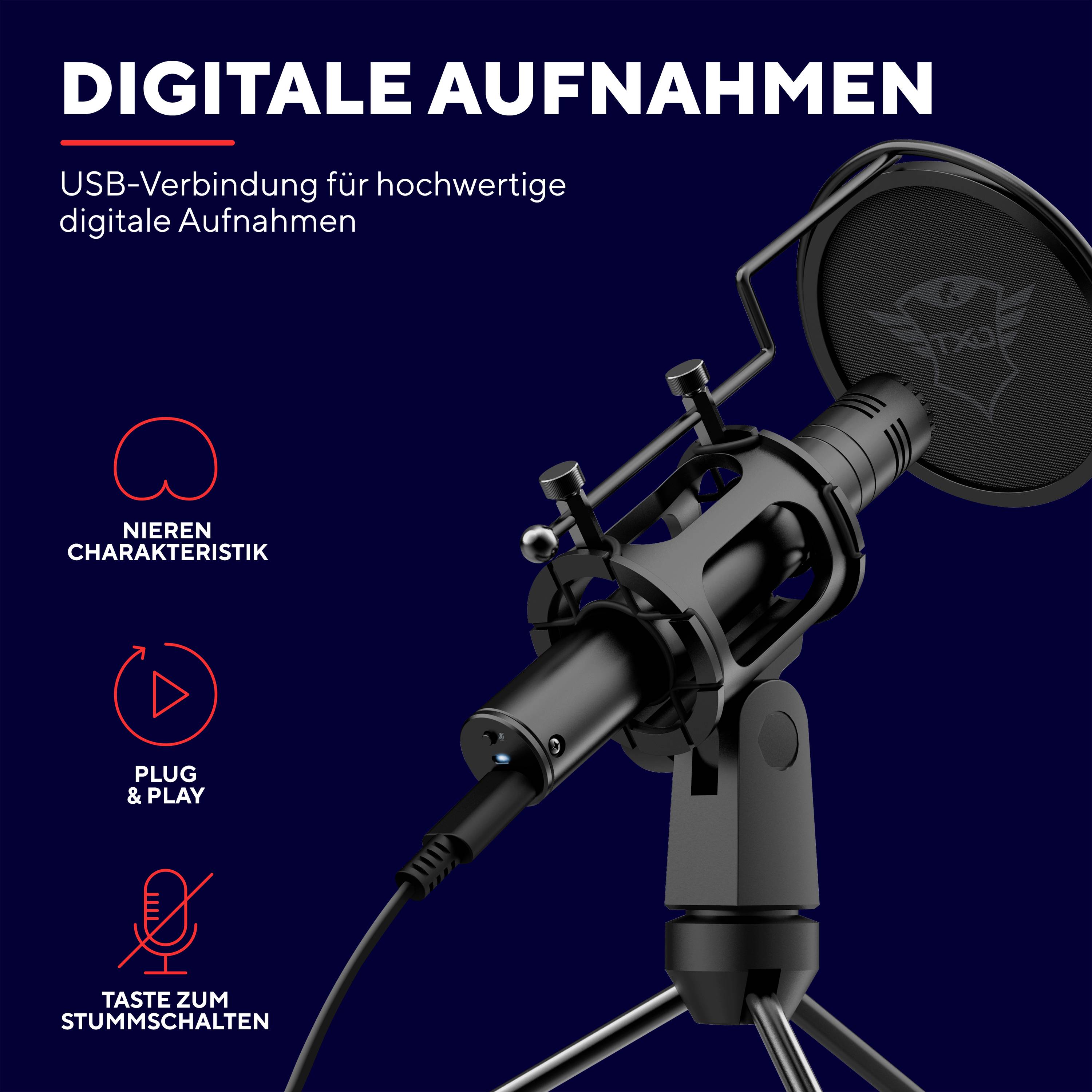 Trust GXT241 VELICA Stand USB-Mikrofon Übertragungsart (Details):USB, Kabelgebunden inkl. Stativ USB-C® USB, Kabelgebunden