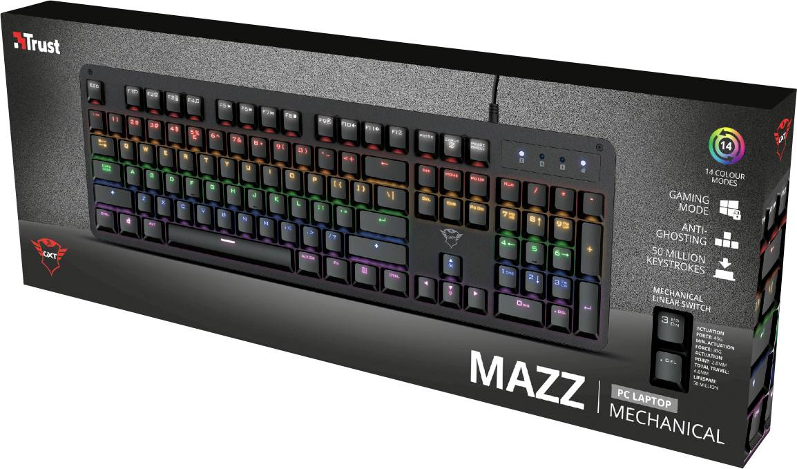 Trust Qwertz GXT 863 MAZZ USB, Kabelgebunden Gaming-Tastatur Deutsch, QWERTZ Schwarz Multimediatasten, Beleuchtet