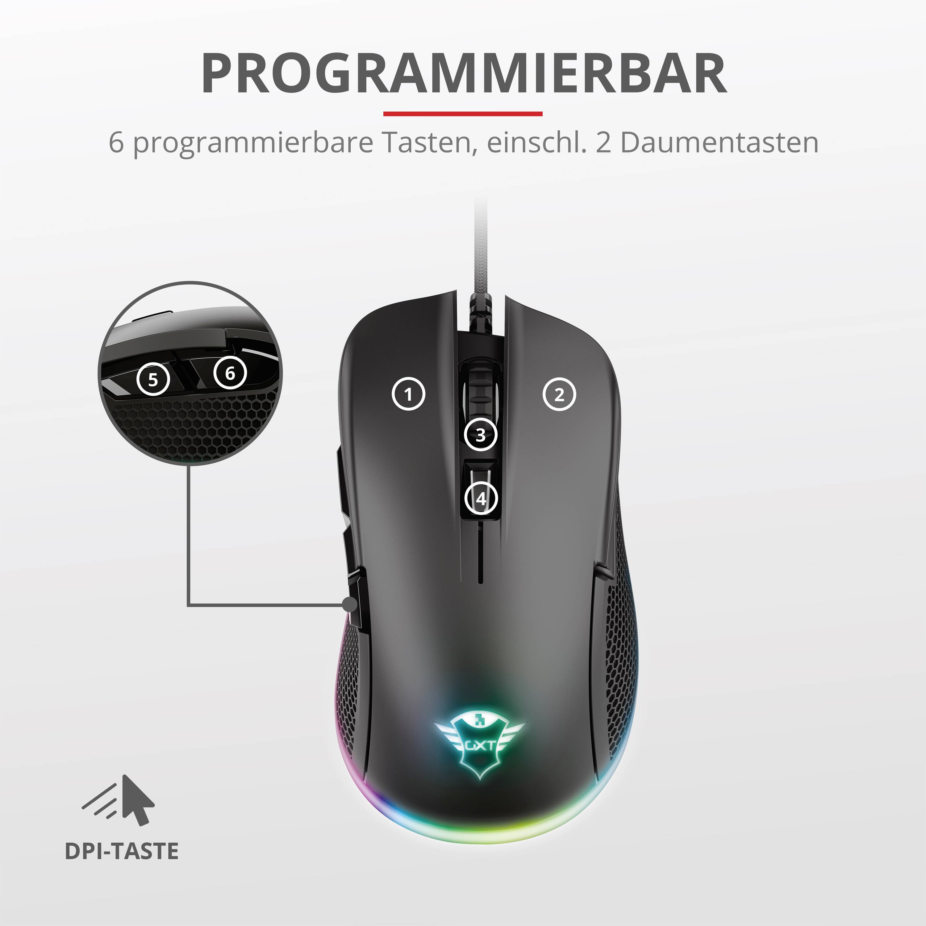 Trust GXT 922 YBAR Gaming-Maus USB Optisch Schwarz, RGB 6 Tasten Beleuchtet