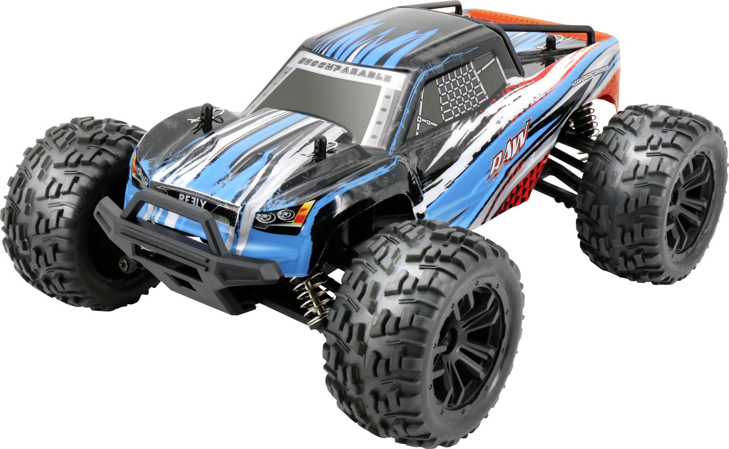 Ein buntes, ferngesteuertes Auto mit großen Offroad-Reifen und einer blau-schwarz-weißen Karosserie mit orangefarbenen Akzenten.