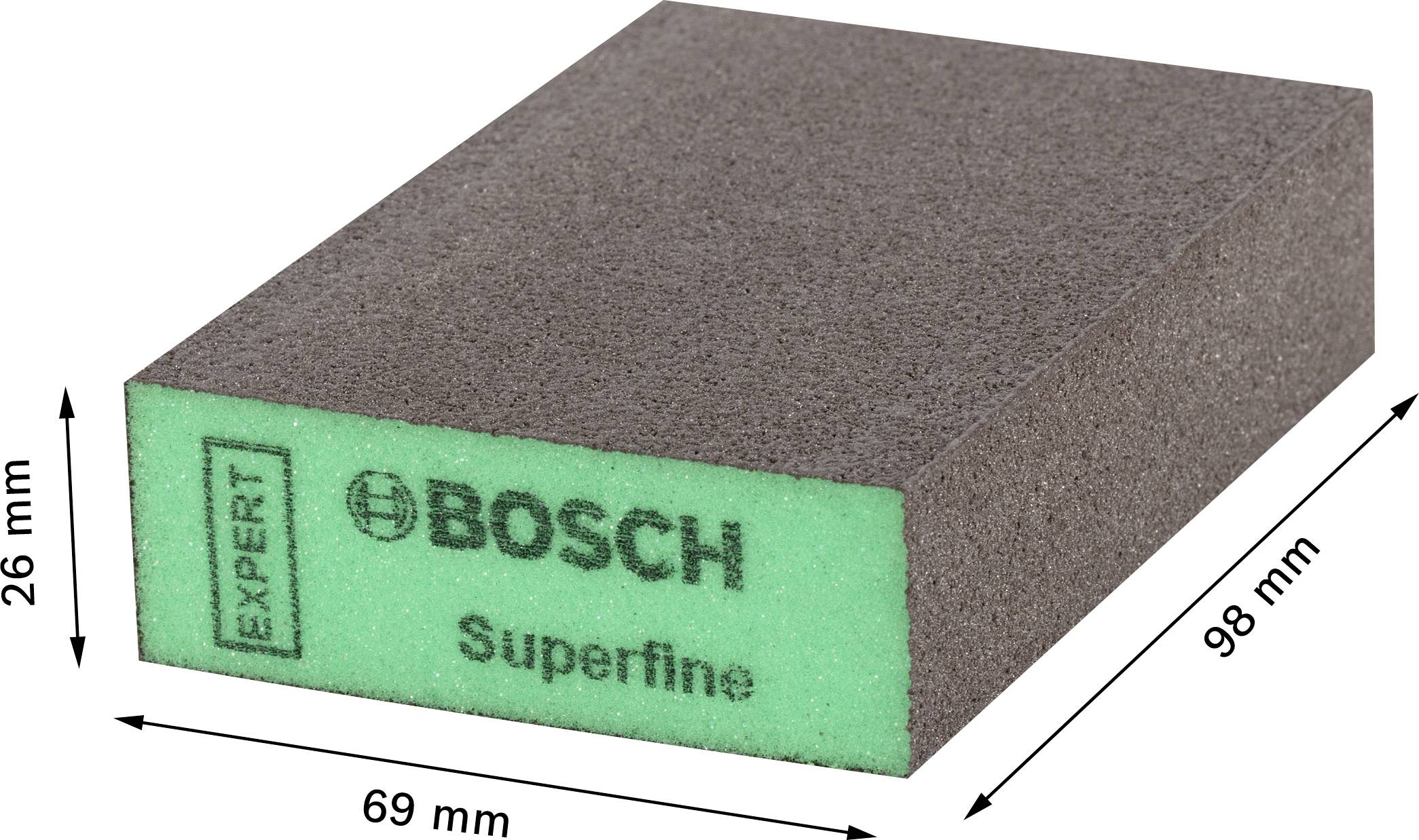Ein rechteckiger Schleifschwamm der Marke Bosch mit den Maßen 98 mm x 69 mm x 26 mm. Markiert mit 'EXPERT' und 'Superfine'.
