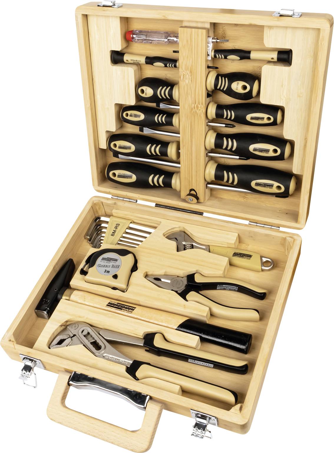 Ein offener Werkzeugkoffer mit Schraubenziehern, Zangen, einer Wasserwaage, einem Maßband und einem Inbusschlüsselset.