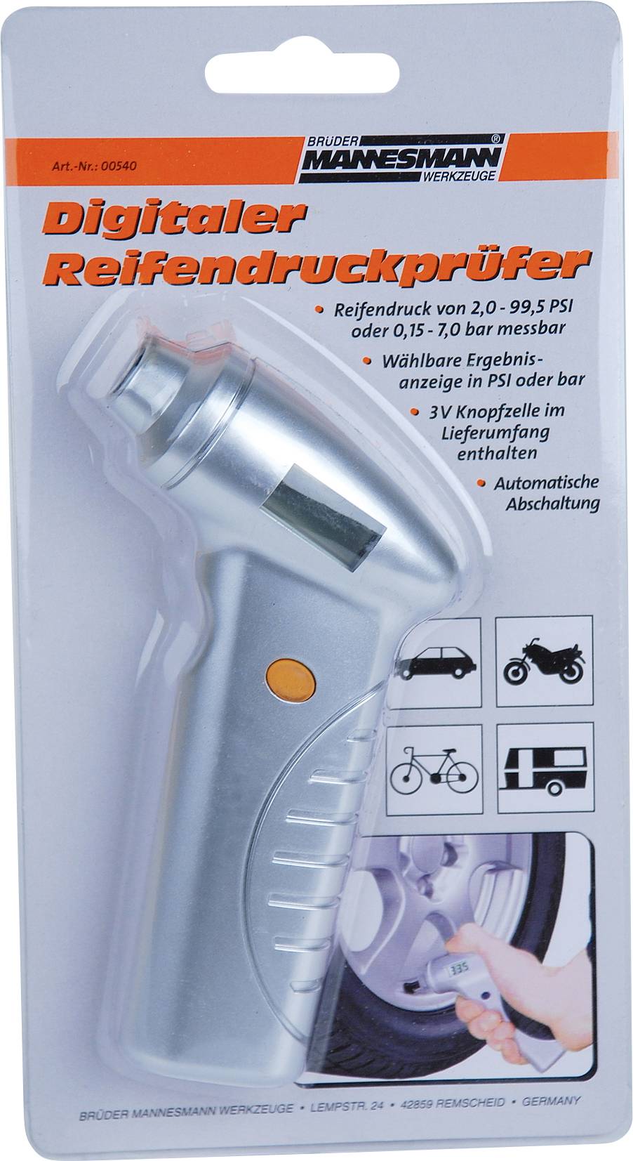 Brüder Mannesmann M00540 Reifendruckprüfer digital Messbereich Luftdruck 0.15 - 7 bar