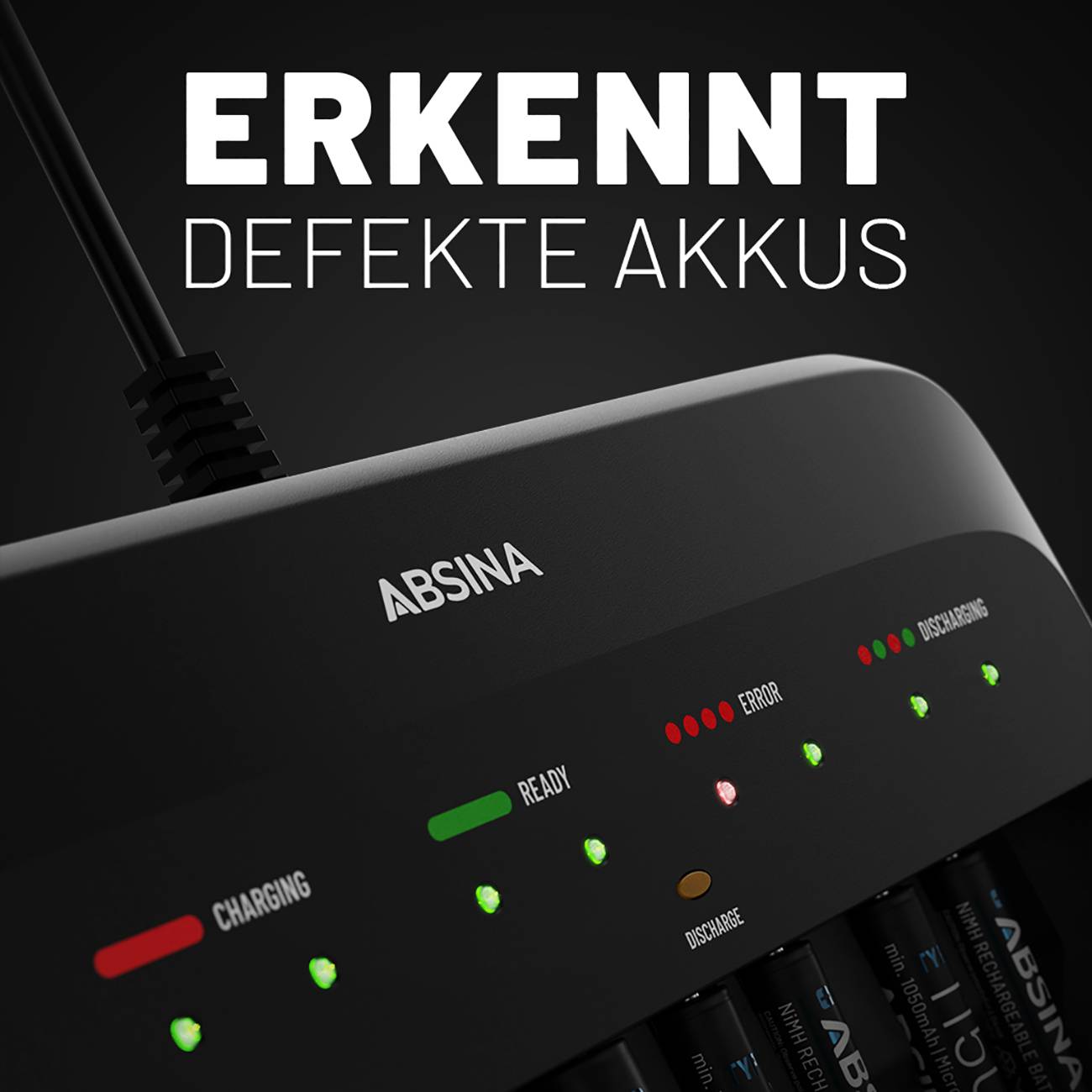 Absina 301003 Schnellladegerät NiMH, NiCd 9V Block, Micro (AAA), Mignon (AA)