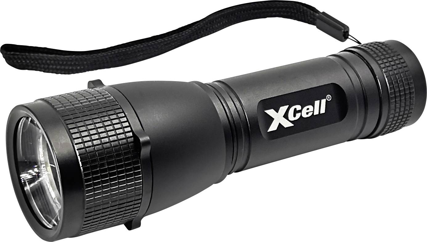 Schwarze Taschenlampe mit Handschlaufe, beschriftet mit 'XCell'.