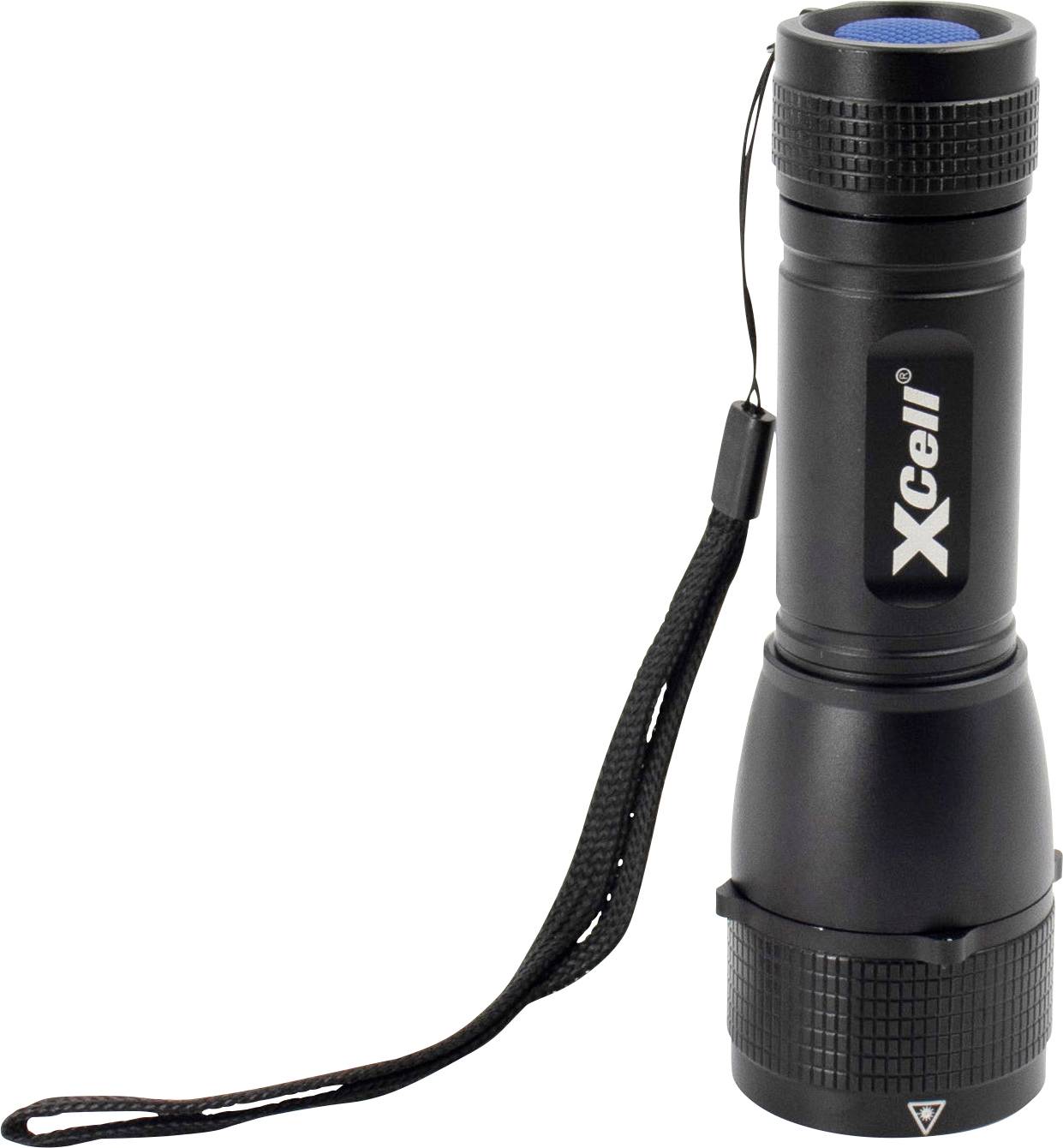 Schwarze Taschenlampe mit blauer Taste und Handgelenkschlaufe, seitliches Logo 'XCell'.