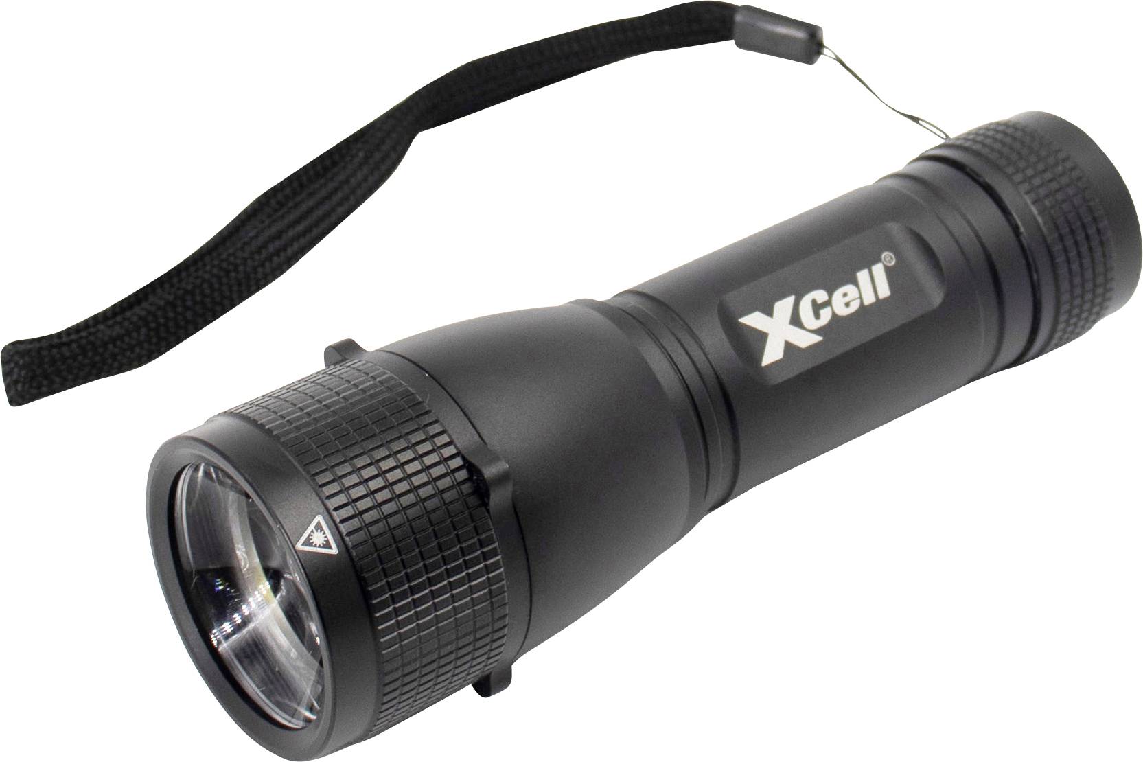 Taschenlampe mit schwarzem Gehäuse, strukturiertem Griff und Handschlaufe. Auf dem Gehäuse steht 'XCell'.