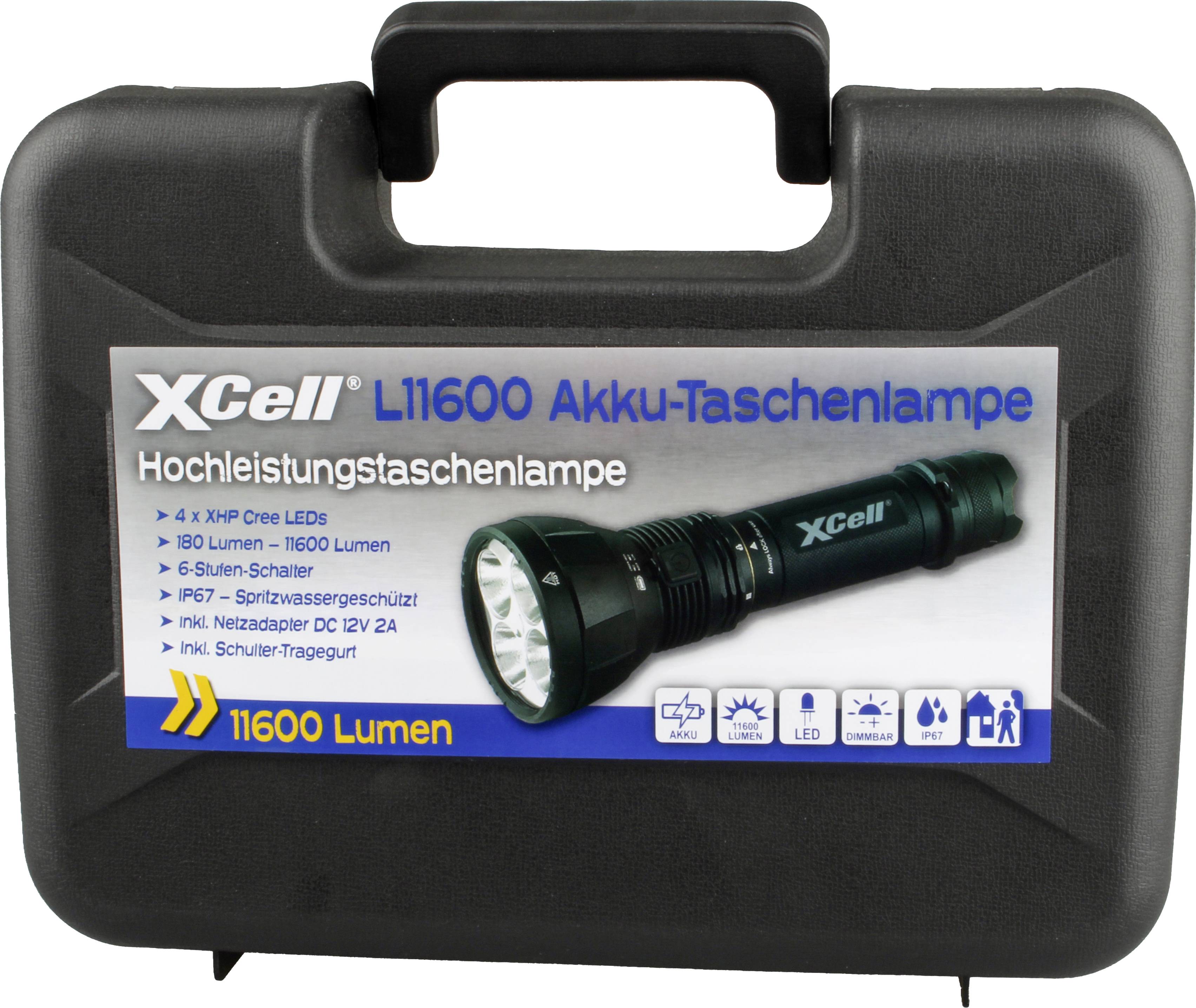 XCell 146475 LED Taschenlampe Große Reichweite, mit Koffer, mit Stroboskopmodus, verstellbar, mit Handschlaufe akkubetrieben